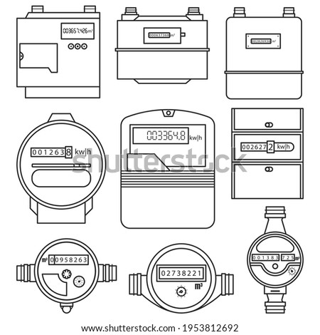 Electric power gas water meter vector outline set icon. Vector illustration counter on white background. Isolated vector outline set icon electric power, gas, water meter.