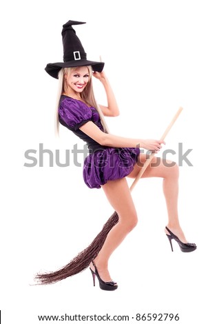 Pretty Sexy Young Blond Witch With A Broom, Isolated Against White ...