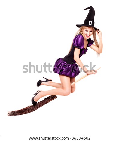 Pretty Sexy Young Blond Witch Flying On The Broom, Isolated Against ...