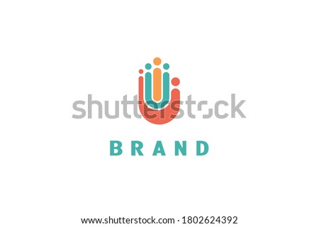 Logo of a group of people in the shape of a human palm, also consists of the element initials of the letters, red color is letter j, green is letter u, orange is letter i, modern and creative logo.