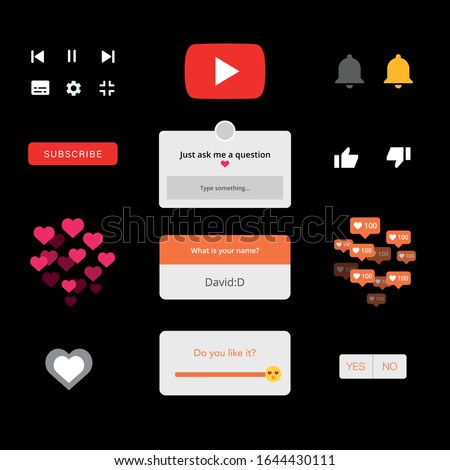 Social Media Vector Elements Set On Black Background. Instagram Likes. Youtube Player Buttons, Youtube Logo, Youtube Bell, Youtube Likes. Ask a Question. Yes or No Icon. Subscribe Button. Slider Smile