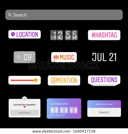 Instagram Stickers. Youtube. Social Media Interface Stickers. Sticker Set. Social Media. Hashtag, Emoji Slider, Countdown Timer, Location, Question, Time and Date Frames Vector illustration. Frame