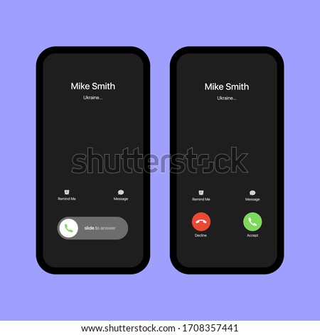 iPhone Call Screen Set. Interface. Slide To Answer. Accept Button, Decline Button. Incoming Call. iPhone iOS Call Screen Template. Smartphone, Phone Call Screen Vector Mockup On Violet Background Stock foto © 