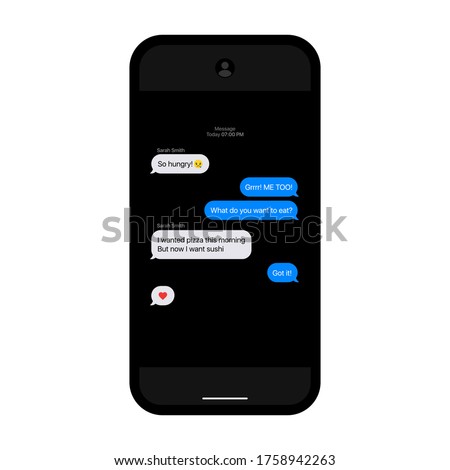 iMessage Interface. Texting Bubbles. iPhone Mockup. Texting Interface. Telegram Messenger. Flat Vector Message Bubbles. Chat Interface On Black Background