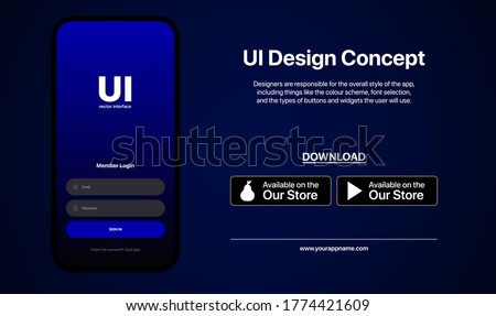 Sign In Window Interface Concept. UI Design Concept. New App Promotion. Download Buttons. App Store. Social Media Vector Illustration On Blue Gradient Background