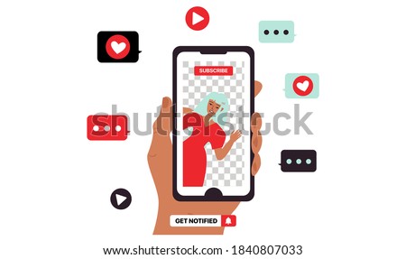YouTube Illustration. Smartphone in Hand With Flying Social Media Icons. Get Notified Button 