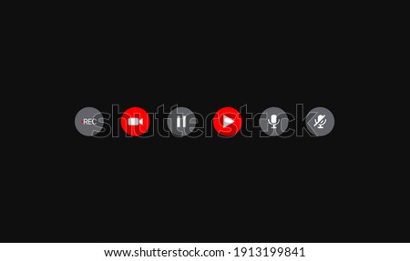 Youtube social media buttons. Set of icons for Video streaming platform. Recording, camera, play. pause, mute, unmute microphone.