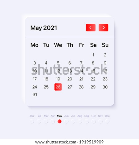 Calendar widget template. UI, UX, GUI layout for mobile and web application. Neumorphism concept design. Vector illustration