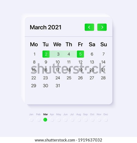 Template for Calendar with green acid gradient pickers. Widget Concept for digital platforms. March month. Vector illustration