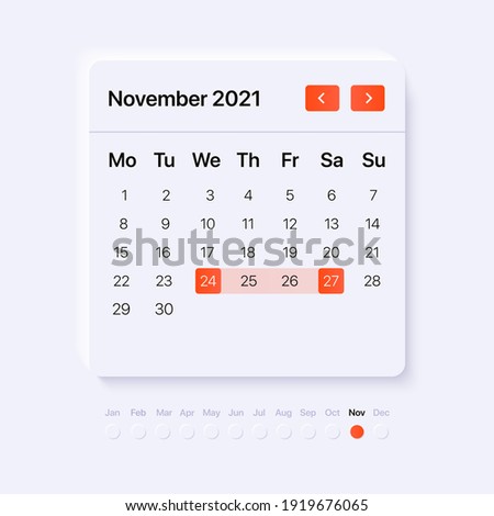 November month Calendar. UI template. Gradient red pickers. neumorphism style widget. Vector illustration