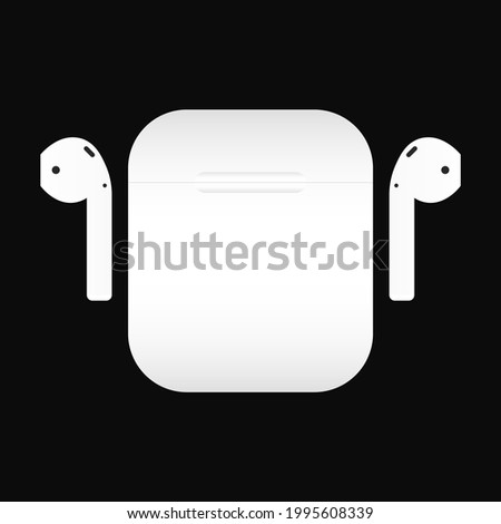 Airpods Wireless Headphones Realistic Vector Mockup. White Headphones with Charge Case. Vector illustration