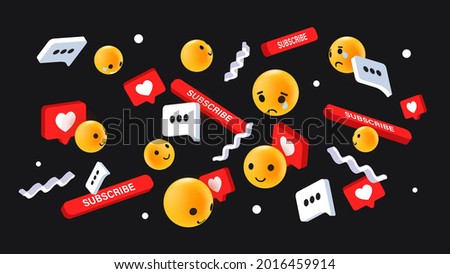 Social Media Emoji Reactions Concept. Flying Emoticons, Like, Emoji Faces, Hearts, Comment and Subscribe Button on Dark Background. Vector illustration