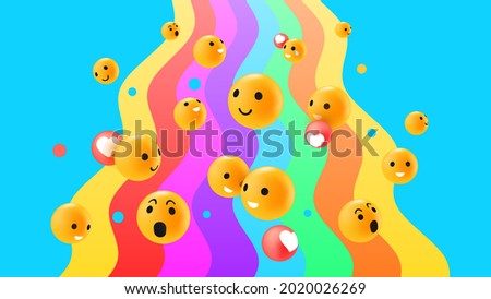 Diverse 3D Emotion Faces Reactions on Bright Rainbow Background. Vector illustration