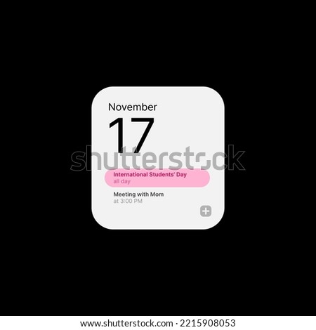 Calendar Widget UI Concept on Black Background. Social Media Illustration. Month Day. Editable Calendar and Reminder Icon. Web Element for Mobile Applications. Vector illustration
