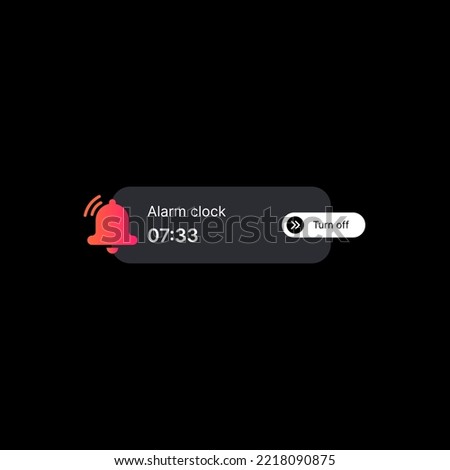 Alarm Clock Notification Banner Illustration. Social Media UI Concept on Black Background. Editable Alarm Clock with Ringing Bell Icon, Time and Turn Off Button. Web Element for Mobile Applications