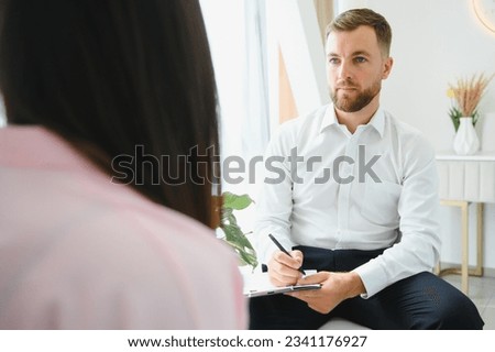 session with psychotherapist, woman with depression solves mental difficulties and talks about problems to male psychologist. mental health. treatment of nervous and mental disorders. anxiety. Сток-фото © 