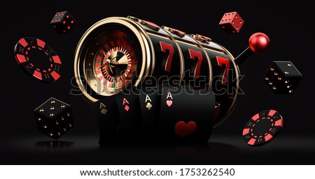 Black Red And Golden Slot Machine With Roulette Wheel Inside, Chips,  Dices And Four Aces, Isolated On The Black Background. Casino Modern Concept - 3D Illustration 