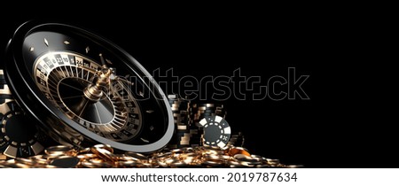 Roulette Wheel, Casino Chips And Coins, Modern Black And Golden Isolated On The Black Background. Casino Gambling Concept. Empty Space For Logo Or Text  - 3D Illustration	
