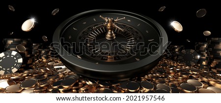 Roulette Wheel, Casino Chips And Coins, Modern Black And Golden Isolated On The Black Background. Casino Gambling Concept - 3D Illustration	
