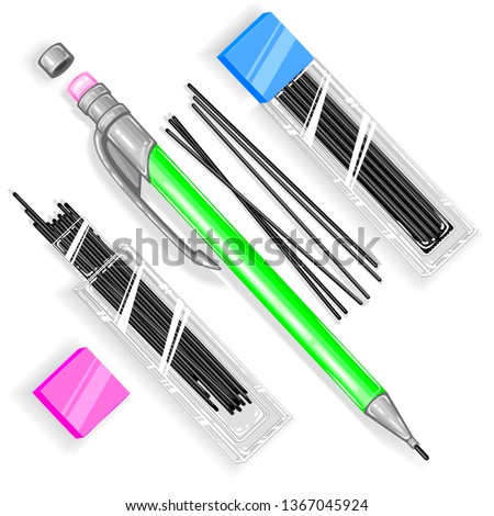 Mechanical pencil with pink eraser on the end. Graphite fillers for a automatic pencil in plastic box. Tools for draw, sketch, write and etc. Color fill isn't the gradient. Vector illustration. EPS 8.