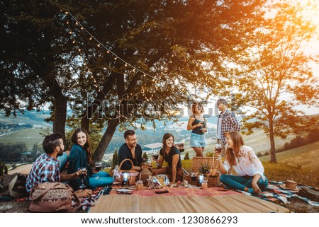 Group of young happy friends having pic-nic outdoors - People having fun and celebrating while grilling ata barbacue party in a countryside Foto stock © 