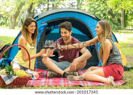 Friends having fun and drinking wine on camping