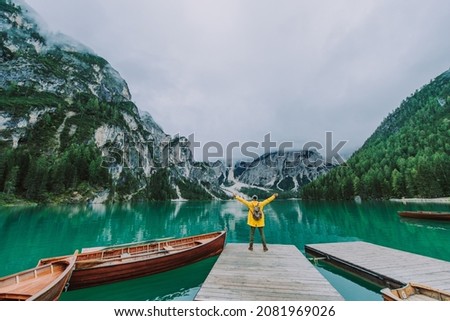 Similar – Foto Bild Mann in gelber Jacke beim Wandern im Nationalpark Tre Cime. Cadini di Misurina im Hintergrund. Dolomiten, Italien, Europa