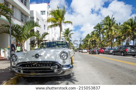 Miami, Ocean drive, Fl. December 11 2013. The famous street Ocean drive. It is known for its Art Deco hotels. Ocean Drive is also the location of the famed Versace mansion