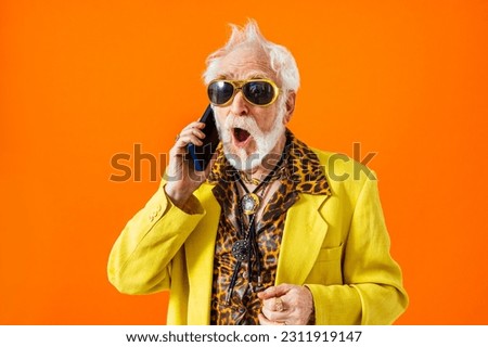 Similar – Image, Stock Photo Portrait of an eccentric rocker man with long purple hair in a green bathroom.