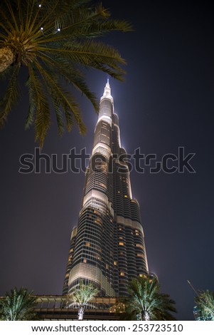 DUBAI,UAE - FEBRUARY 4,2015: Burj Khalifa skyscraper in the night,Dubai.Burj Khalifa is the tallest skyscraper in the world standing at 829.8m in Dubai
