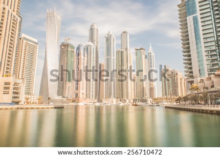 Dubai Marina. february 3, 2015. Dubai marina skyline. Dubai Marina is a district in Dubai, United Arab Emirates. Dubai Marina is an artificial canal city