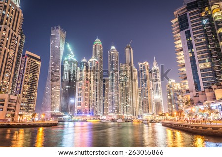 DUBAI, UAE - FEBRUARY 3,2015: City scenery of Dubai Marina. Dubai Marina is a district in Dubai with artificial canal skyscrapers who accommodates more than 120,000 people.