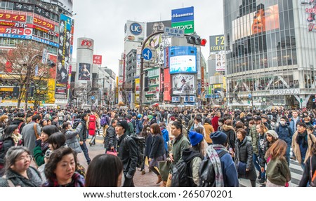 Tokyo, Shibuya. February 8, 2015. The shibuya district in Tokyo. Shibuya is popular district in Tokyo, for his pedestrian cross where all pedestrians cross in the same moment from all direction