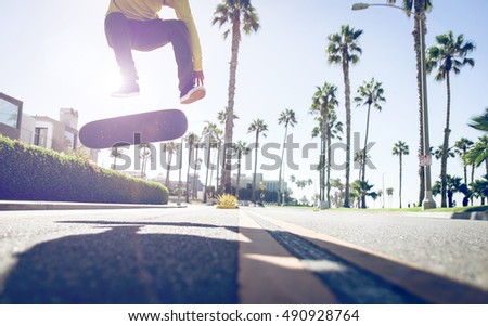 Similar – Image, Stock Photo Unrecognizable man with skateboard and backpack in city