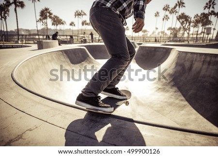 Similar – Image, Stock Photo Unrecognizable man with skateboard and backpack in city