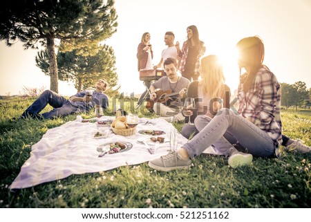 Group of friends having fun while eating and drinking at a pic-nic - Happy people at bbq party Foto stock © 