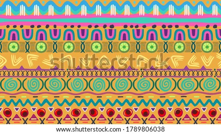 Fun vivid eye-catching gender neutral surface pattern in bright shades inspired by ethnic vibes with modern hand drawn elements for a commercial product, virtual background, interior object, scrapbook