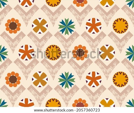 Neutral earthy grounded warm hues geometric flowers in various circular and v shapes. Vector surface pattern for backgrounds, digital realm, printed paper products, graphic resources or scrapbooking.