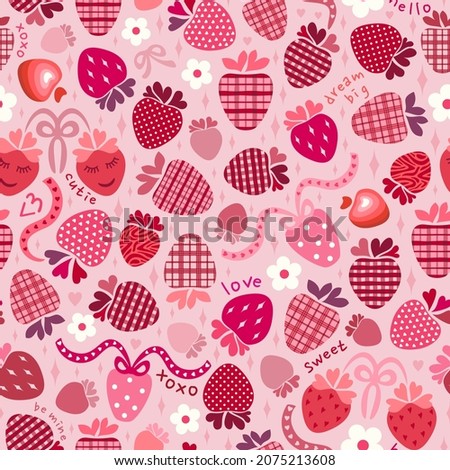 Plaid and polka dots strawberries, classic pink and red hearts, flowers, ribbons. Text: love, xoxo, be mine, dream big, sweet, cutie, hello. Valentine’s Day romantic holiday design, #lovecore trend.