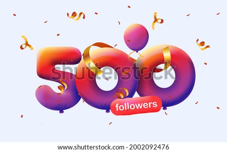 banner with 500 followers thank you 3d Purple Violet balloons and colorful confetti. Vector illustration 3d numbers for social media 500 followers thanks, Blogger celebrating subscribers, likes