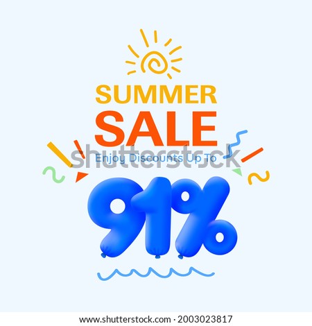 Special summer sale banner 91% discount in form of 3d blue balloons sun Vector design, seasonal shopping promo advertisement, illustration 3d numbers for tag offer label Enjoy Diccounts Up to 91% off