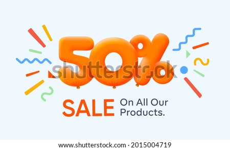 Special summer sale banner 50% discount in form of 3d yellow balloons sun Vector design seasonal shopping promo advertisement illustration 3d numbers for tag offer label Enjoy Discounts Up to 50% off