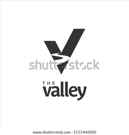 Valley Logo River V Letter Monogram of Canyons and Village Vector Nature Graphic Design Template Idea