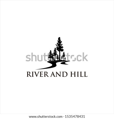 meadow logo river valley black pine, tree vector silhouette illustration for landscape design or print art template