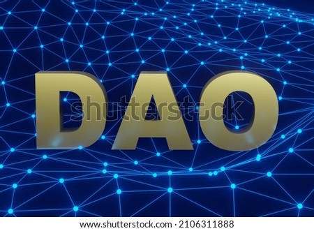 DAO network on blue background 3D illustration. Decentralized Autonomous Organization. Blockchain technology Foto d'archivio © 
