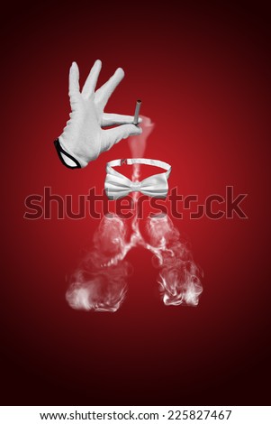 Invisible smoking man in the frame, Invisible man has white gloves and bow tie. Smoke of the cigarette is seem in side from the lungs.