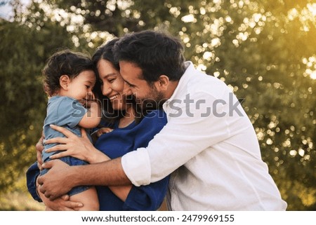 Similar – Image, Stock Photo Happy family on a camping trip relaxing in the autumn forest. Camper trailer. Fall season outdoors trip