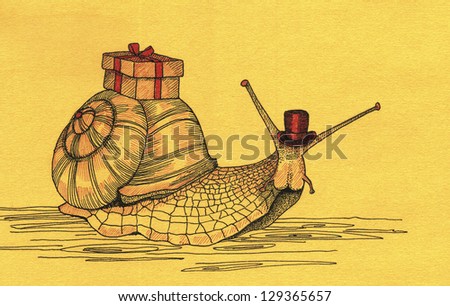 A hand-drawn illustration of a snail in a classic hat delivers a present (gift box). Can be used as a post card or illustration for a book.