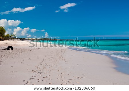 Beautiful white sand beach and turquoise waters and pretty blue sky.  islands of the bahamas.  tropical veiw of the ocean with puffy clouds in the sky.  copy space available