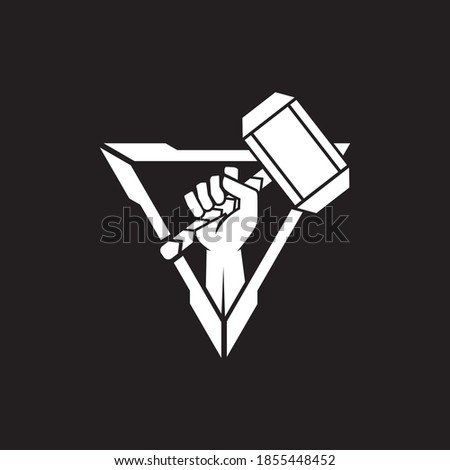 modern tech triangular hand holding a hammer vector icon